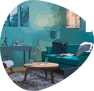 cartoon drawing of a room with a monochromatic colour scheme