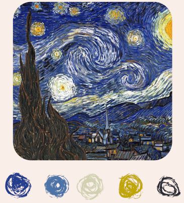 Vincent Van Gogh's Starry Night with 5 colour swatches extracted from the painting positioned below it.