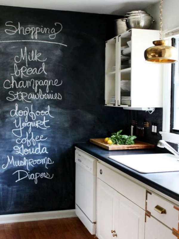 A kitchen wall painted in black chalk board paint with a shopping list written on it in white chalk